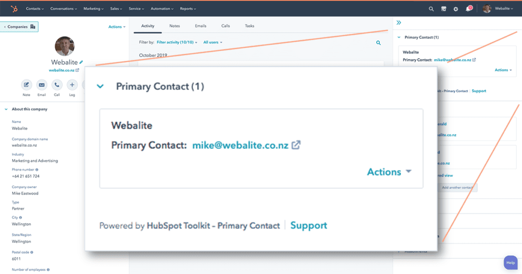 The Primary Contact HubSpot Integration is a panel in the HubSpot CRM that displays the Primary Contact.